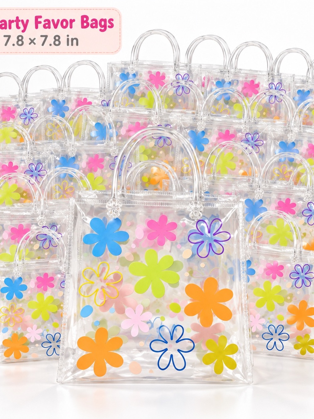 Clear Floral Treat Bags โ Pink, Blue, Orange & Green